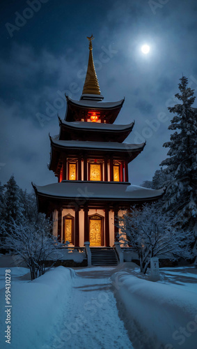 snow covered temple glowing under moonlight background art design backdrop