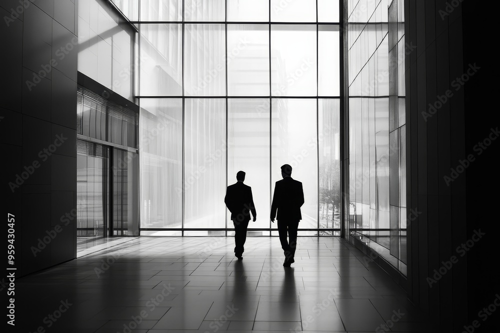 Fototapeta premium Two businessmen walking in an office building, large windows with fog outside, black and white photography.