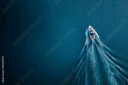 Aerial view of a speedboat on blue water, leaving a trail of long ripples, capturing the motion and tranquility photo