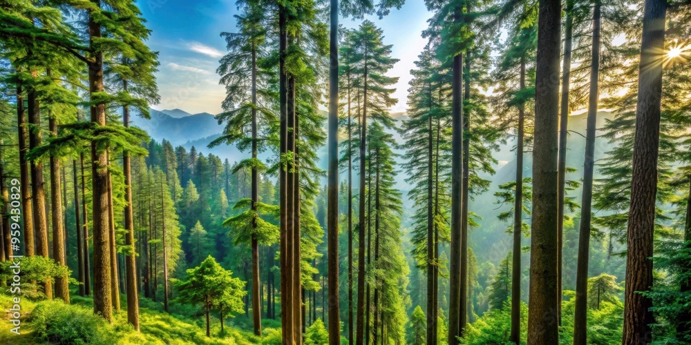 Naklejka premium Majestic deodar trees towering in a lush forest setting, Cedar, Deodar, Trees, Forest, Tall, Green, Nature, Landscape, Growth