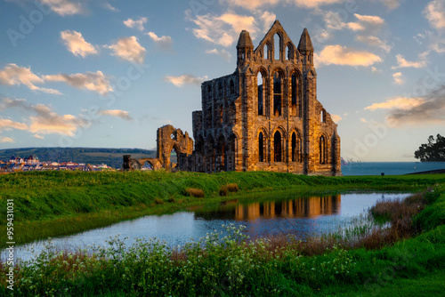 Great Britain, England, Whitby. Whitby Abbey ruins at sunrise. 
