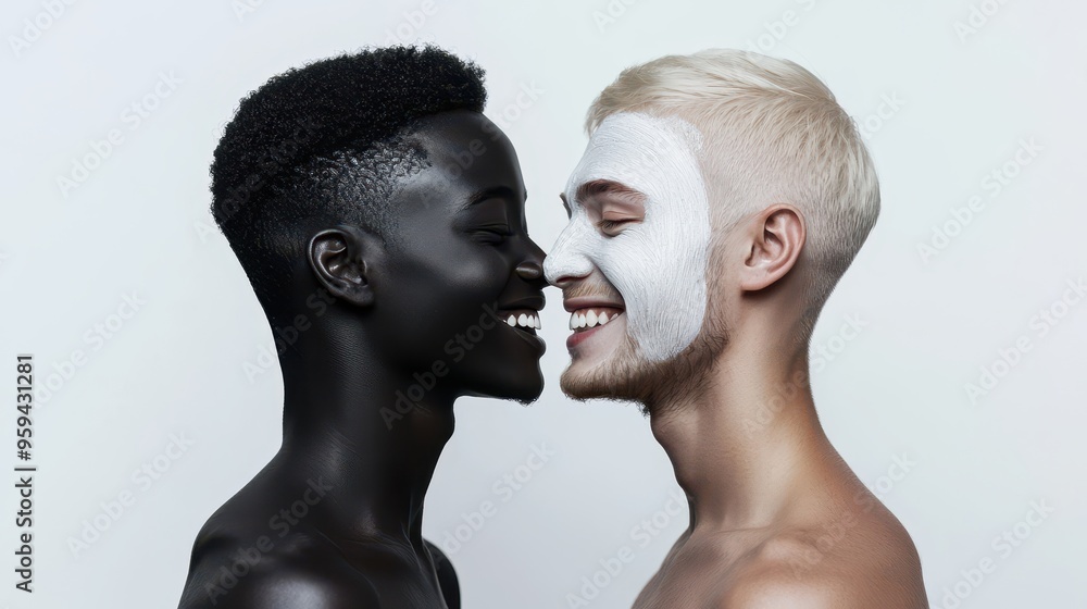 Fototapeta premium Diversity Face Mask Smiling Close Up Portrait Two Men Happy