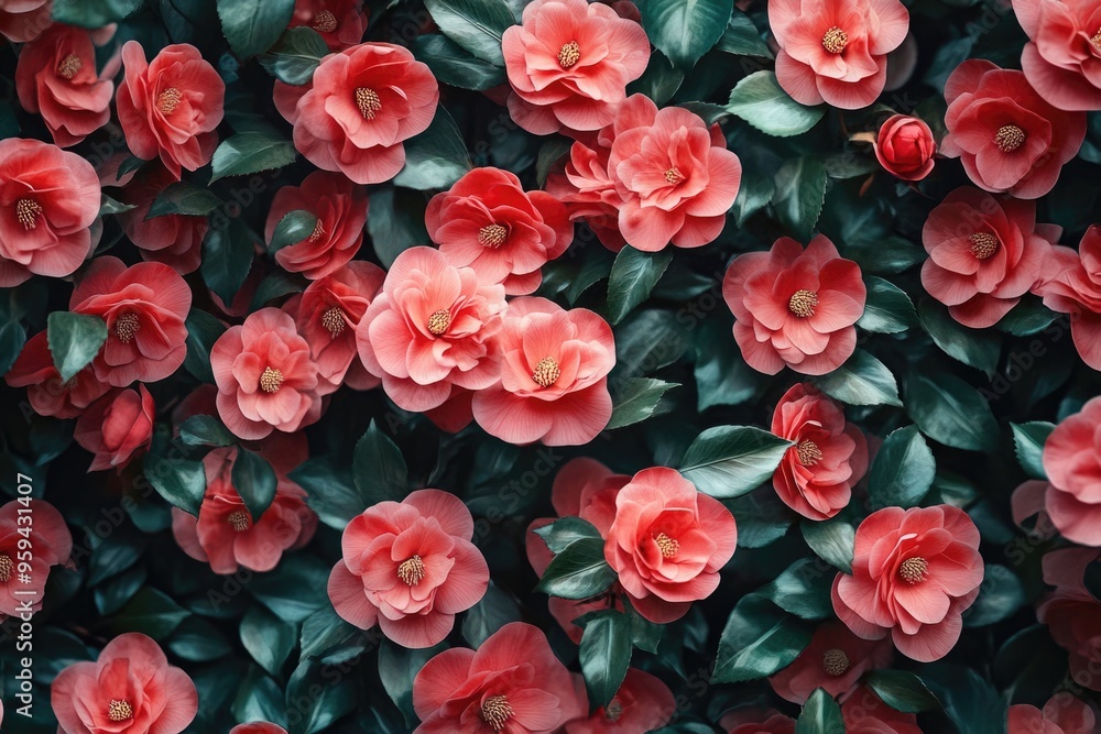Close up of red Camellia flowers in spring garden. Close up of red Camellia flowers in spring garden.