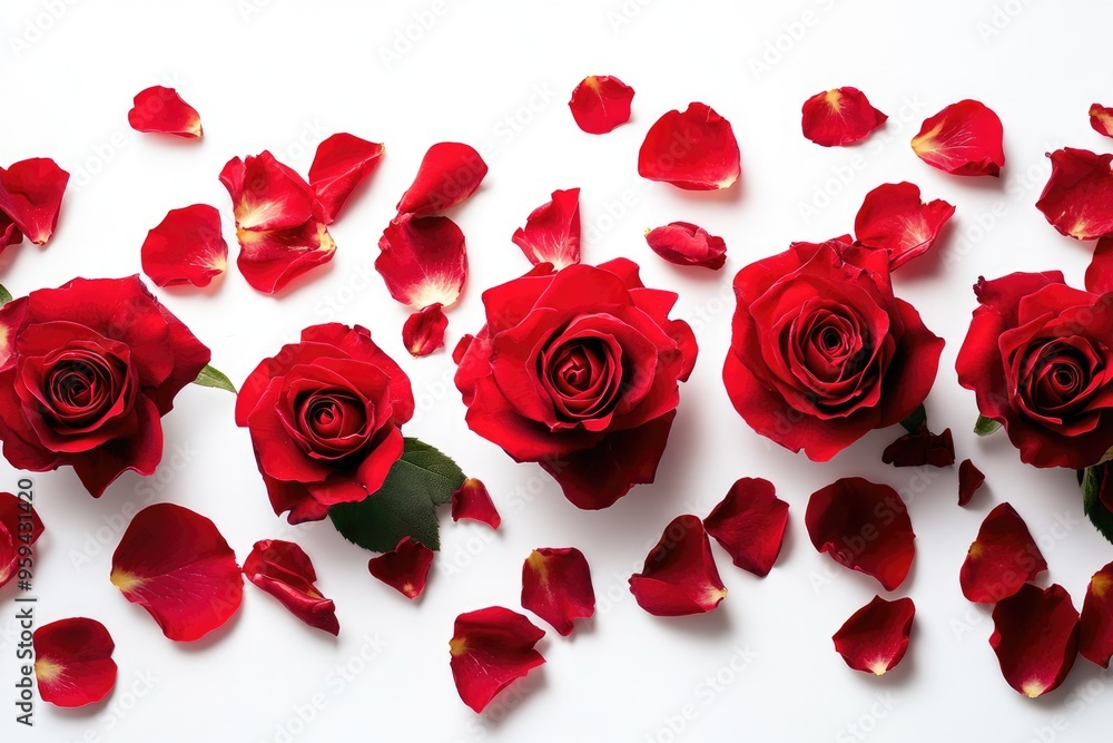 Red roses and rose petals isolated on white background Red roses and rose petals isolated on white background