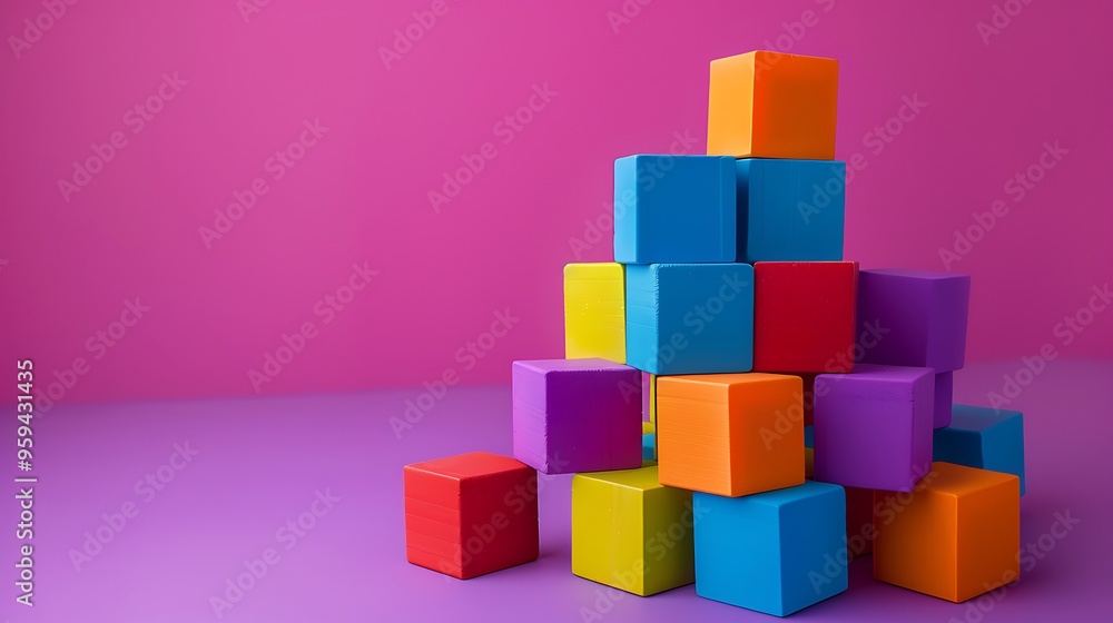 kids set of building blocks in bright color isolated on purple and pink background kids set of building blocks in bright color isolated on purple and pink background