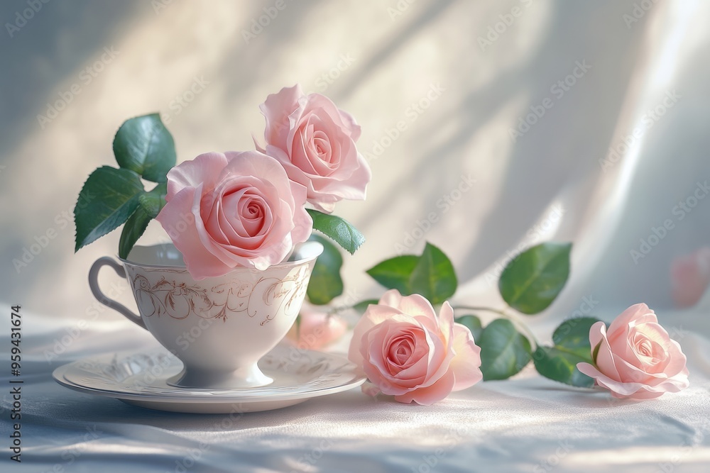 Beautiful fresh pink roses in a beautiful porcelain cup on a light background . Beautiful fresh pink roses in a beautiful porcelain cup on a light background .
