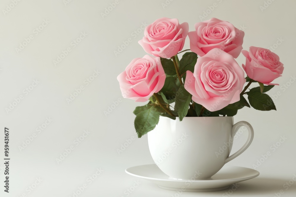 Beautiful fresh pink roses in a beautiful porcelain cup on a light background . Beautiful fresh pink roses in a beautiful porcelain cup on a light background .