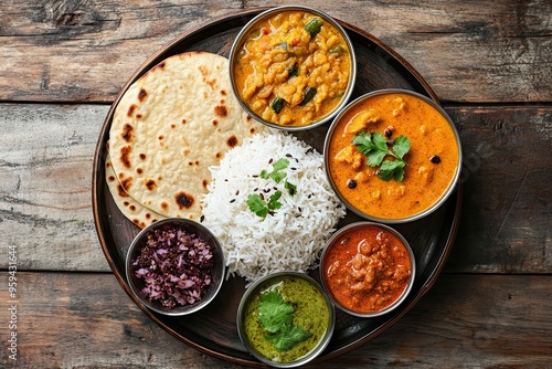 North indian thali top view. Roti, pappad rice and variety of curries in a mea