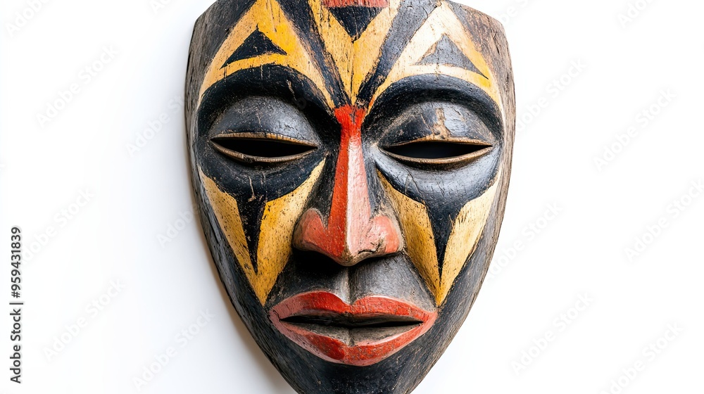 Carved wooden mask with geometric patterns and red lips Carved wooden mask with geometric patterns and red lips