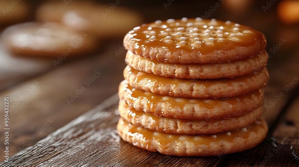 Stacked Caramel Cookies on Rustic Wooden Table with Warm Lighting and Natural Shadows Stacked Caramel Cookies on Rustic Wooden Table with Warm Lighting and Natural Shadows