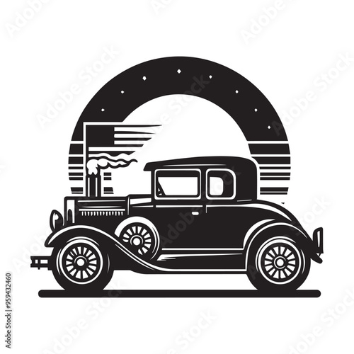 Black and white car silhouette. Vintage car vector isolated on white background.