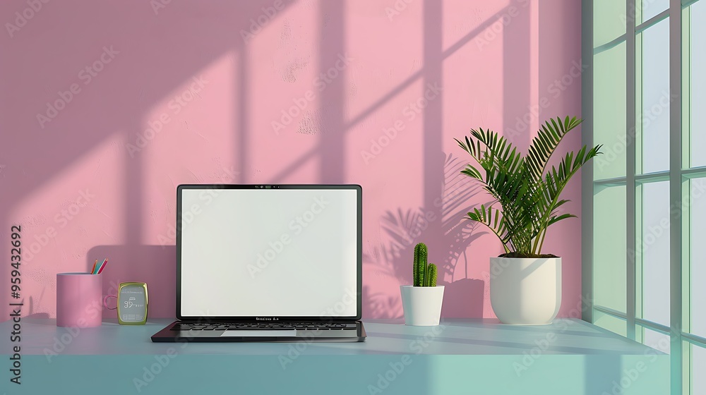 Fototapeta premium Laptop display for mockup on table in colored room