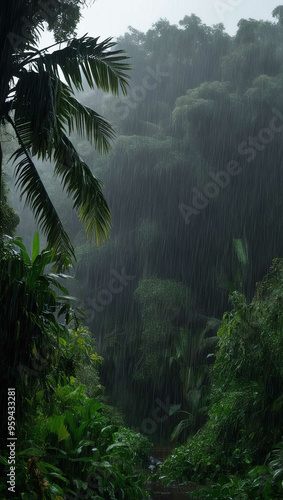 rain falling heavily over dense jungle background art design backdrop