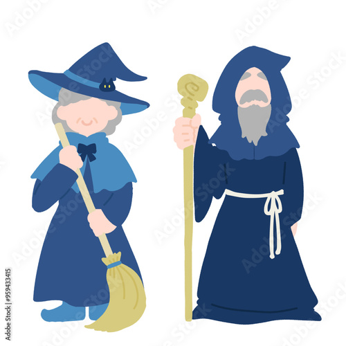 ハロウィンの仮装をするシニア男女のフラットなイラスト
