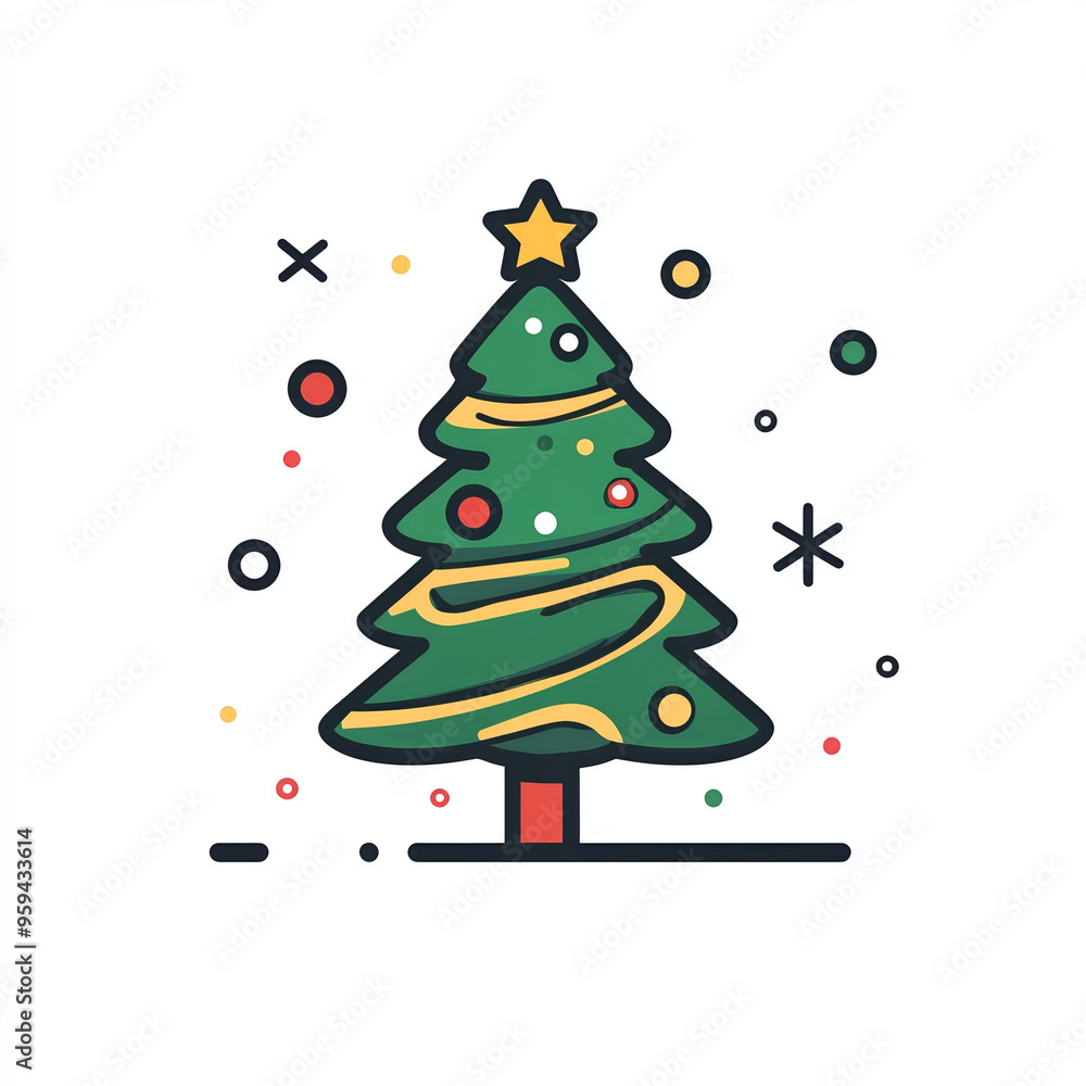 The Christmas tree stands decorated with vibrant ornaments and a shining star, creating a joyful holiday atmosphere accompanied by colorful festive elements The Christmas tree stands decorated with vibrant ornaments and a shining star, creating a joyful holiday atmosphere accompanied by colorful festive elements