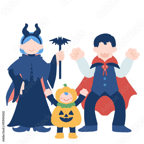 ハロウィンの仮装[吸血鬼・悪魔・ジャック・オ・ランタン]をする親子のフラットなイラスト
