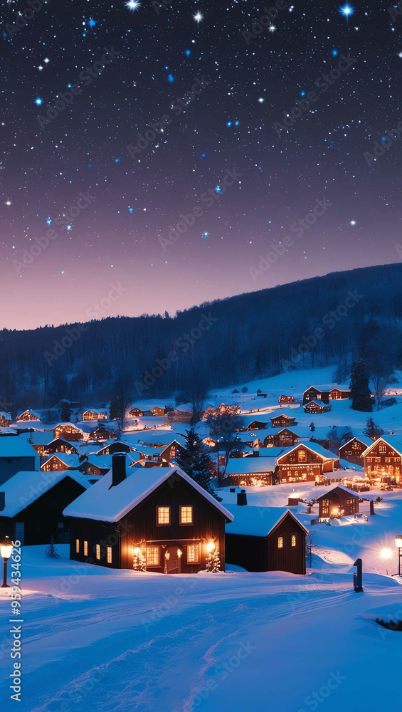 Fototapeta premium bright stars twinkling over snowy village background art design backdrop