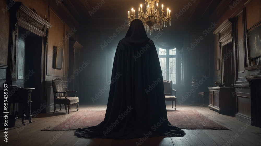 A ghostly phantom draped in a long, tattered cloak glides silently through the dimly lit halls of a haunted mansion. The cloak trails behind, almost blending with the shadows A ghostly phantom draped in a long, tattered cloak glides silently through the dimly lit halls of a haunted mansion. The cloak trails behind, almost blending with the shadows