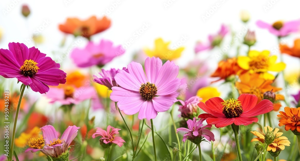 A field of colorful cosmos flowers in bloom against a white background. A field of colorful cosmos flowers in bloom against a white background.