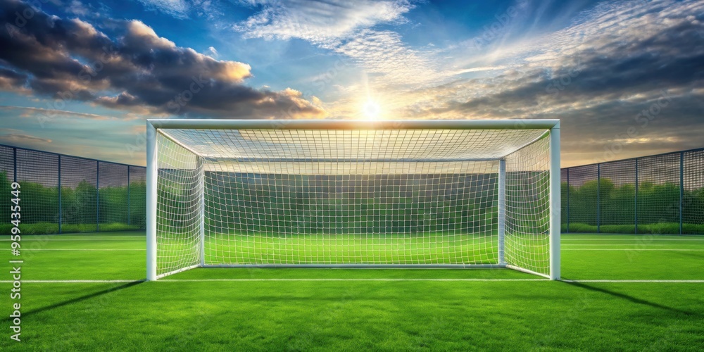 Fototapeta premium Football goal set up on a green field , soccer, sports, competition, goalpost, game, victory, success, grass, outdoor, equipment