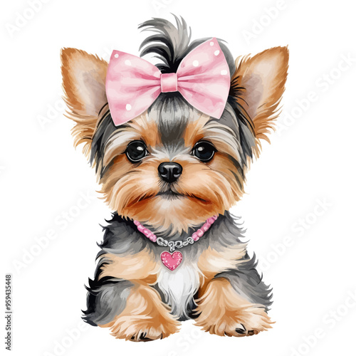 Adorable Yorkshire Terrier Puppy with Pink Bow and Heart Necklace