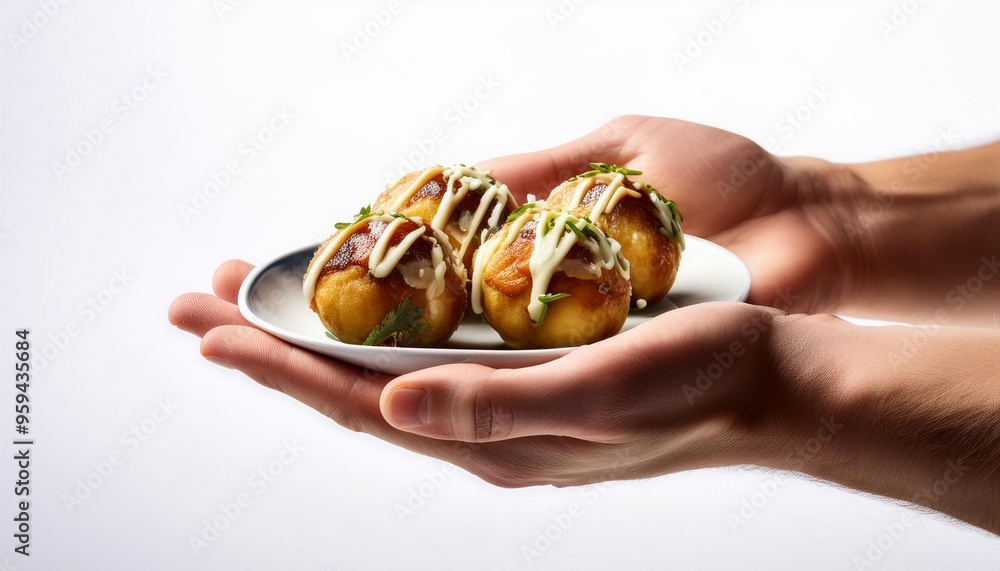 White hands of man holding takoyaki on white background isolated White hands of man holding takoyaki on white background isolated