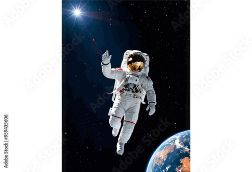 Astronaut in Space Suit Waving at Earth