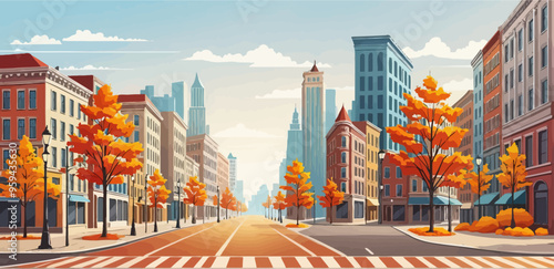 Autumnal Cityscape with Tall Buildings and Trees
