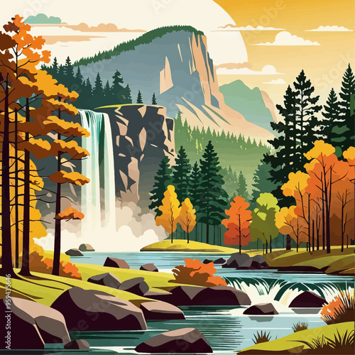 Autumnal Forest Scenery with Waterfall and Mountain View photo