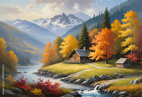 Autumnal Scenery with Wooden Cabin and Stream