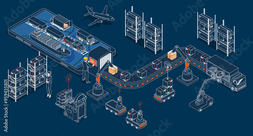 Automated Guided Vehicles (AGVs) and Autonomous Mobile Robots (AMRs) with 5G-enabled mobile tech, virtual mapping revolutionize logistics and smart warehouse management. vector eps10