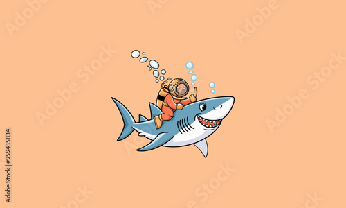 A diver is riding a friendly shark under the sea.