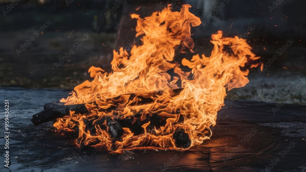 Flaming Inferno on Dark Surface. Bright fire flames contrasted with a sleek, black background. Flaming Inferno on Dark Surface. Bright fire flames contrasted with a sleek, black background.