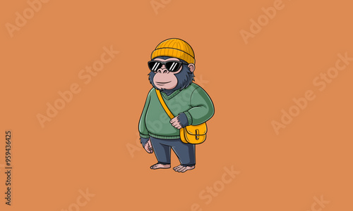 A cool monkey wearing sunglasses, beanie, sweater, and fanny pack.