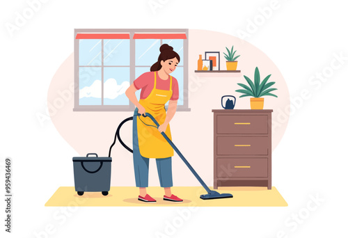 Cleaning Lady Vacuuming Floor