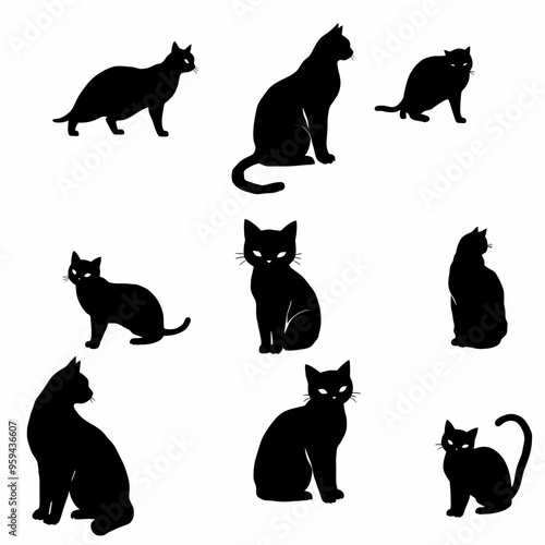Collection of Black Cat Silhouettes in Various Poses and Sizes