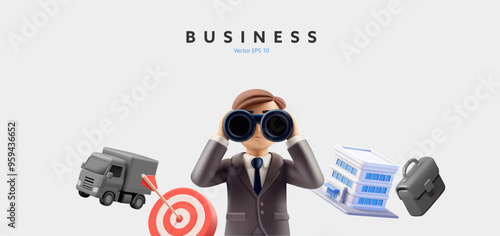 3D businessman character, business center building, truck, briefcase, target, binoculars. For the concepts of business search, development, investment, management, finance. Vector illustration.