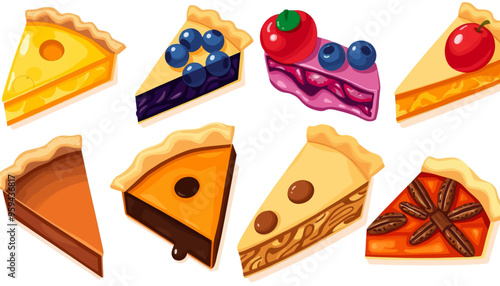 Colorful assortment of pie slices with various toppings and fillings