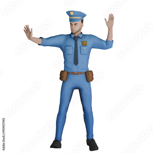 Cartoon Cop in 3D. A male police officer is raising both of his hands with palms facing forward, as if signaling someone to stop or detain. Male Professional