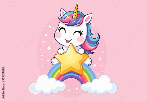 Colorful Unicorn with Rainbow Star and Clouds