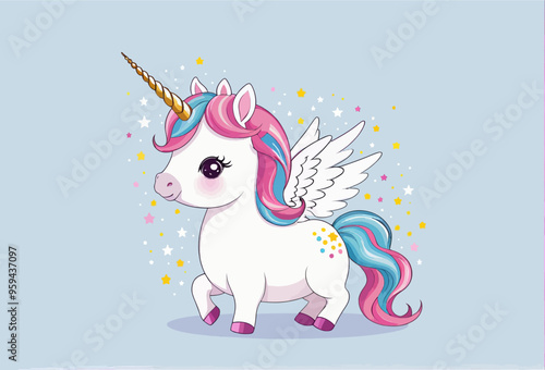 Colorful Unicorn with Pink and Blue Mane and Purple Eyes, Standing on Blue Ground with Sparkles and Stars
