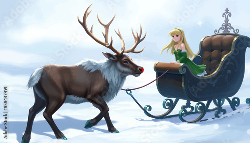 Fairy-tale Christmas: A girl rides a reindeer-drawn sleigh