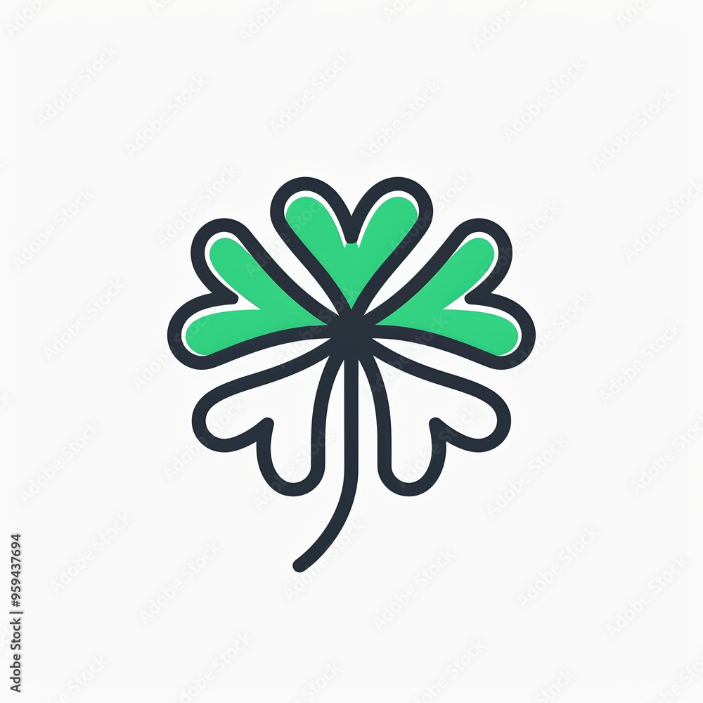A minimalist clover illustration featuring four green leaves with smooth black outlines, symbolizing good fortune and nature's beauty, St.Patrick's Day A minimalist clover illustration featuring four green leaves with smooth black outlines, symbolizing good fortune and nature's beauty, St.Patrick's Day