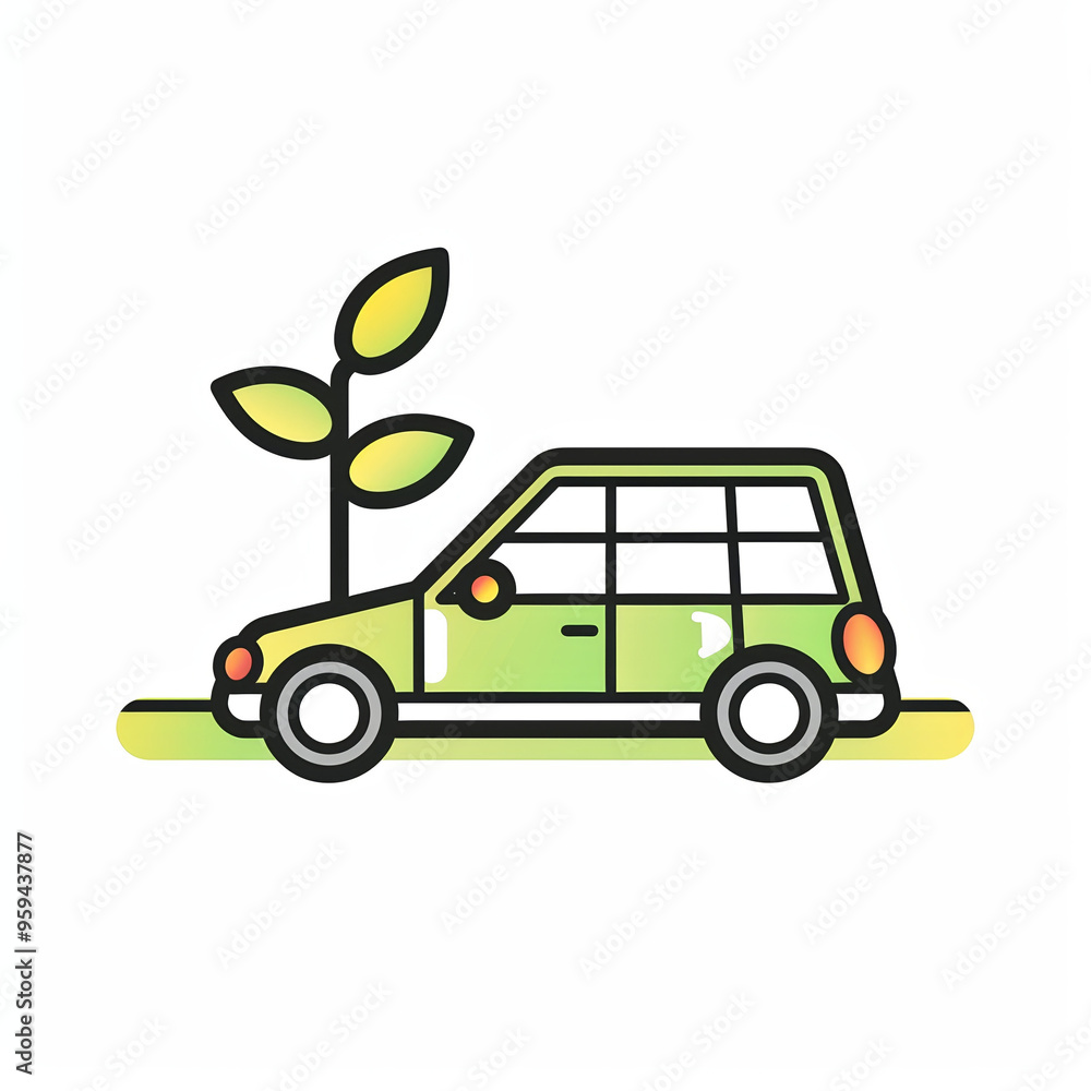 Obraz premium A vibrant green car is stationary next to a young plant, illustrating a commitment to sustainability and a cleaner, greener future for urban landscapes