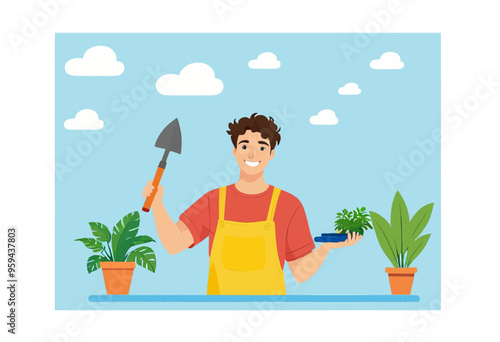 Gardening Enthusiast with Shovel and Potted Plants