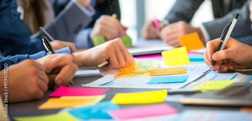 Business people collaborating on a project with sticky notes and pens on a table.