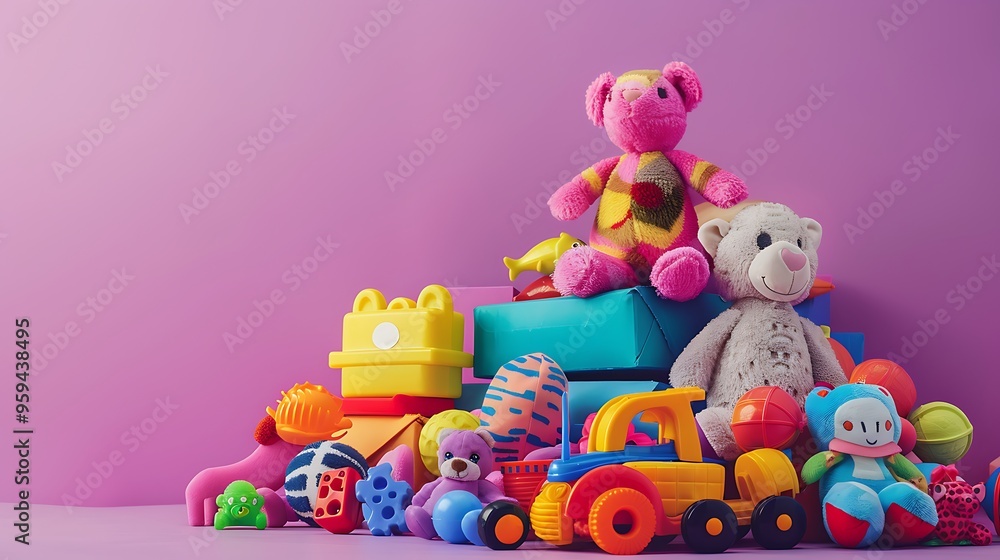 Many children toys are in one pile isolated on purple and pink background