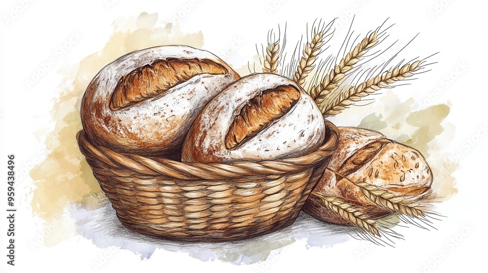 Rustic Plant-Based Bread Delights - Sketch Style Illustration of Freshly Baked Loaves with Earthy Wheat Stalks for Vegan Bakery Concept. Rustic Plant-Based Bread Delights - Sketch Style Illustration of Freshly Baked Loaves with Earthy Wheat Stalks for Vegan Bakery Concept.