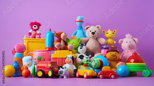 Many children toys are in one pile isolated on purple and pink background