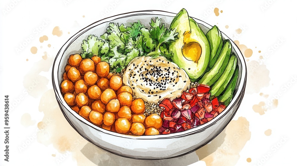 Wholesome Plant-Based Protein Bowl with Chickpeas, Quinoa, and Hummus - Modern Ink and Watercolor Illustration Wholesome Plant-Based Protein Bowl with Chickpeas, Quinoa, and Hummus - Modern Ink and Watercolor Illustration